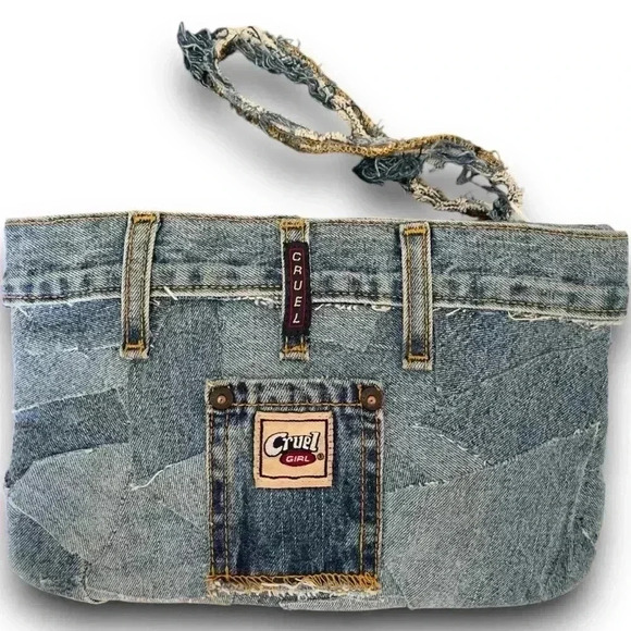 Vtg Upcycled Cruel Girl Denim Clutch Boro Wristlet Handmade Patchwork Jean Purse - Picture 1 of 4